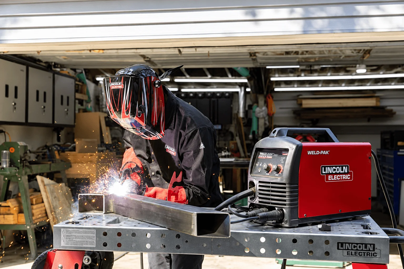 Lincoln Electric welding equipment in a working fabrication shop