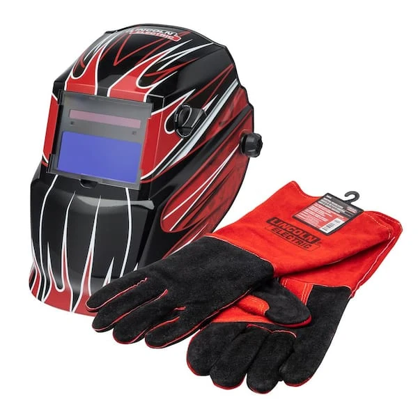 Lincoln Electric Auto-Darkening Welding Helmet with Variable Shade Lens No. 7-13, Red Fierce Design and Premium Leather Welding Gloves