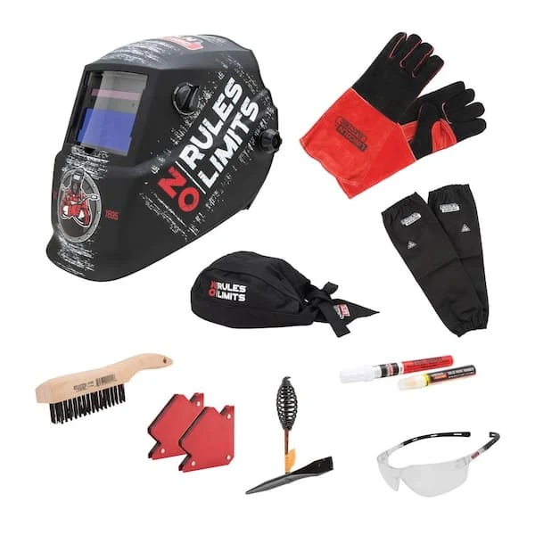 Lincoln Electric No Rules No Limits Welding Kit with Auto Darkening 7-13 Helmet, Gloves, Brush, Magnets, Doo Rag, Sleeves, Safety Glasses