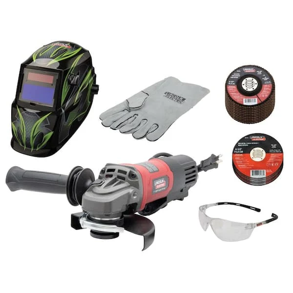 Lincoln Electric 11 Amp Angle Grinder Helmet Kit with 10 Cut-off Wheels, 10 Flap Discs, Safety Glasses and Welding Gloves