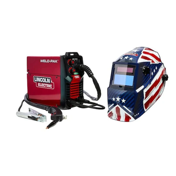 Lincoln Electric WELD-PAK 90i MIG/Flux-Cored Wire Feeder Welder with Gas Regulator Kit, Auto-Darkening Helmet Shade 9-13, Patriot