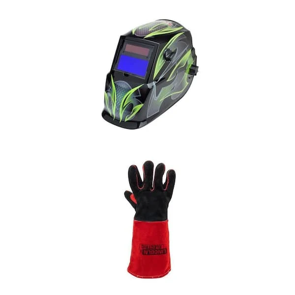 Lincoln Electric Premium Leather Welding Gloves and Auto-Darkening Welding Helmet (9-13 Shade) Combo