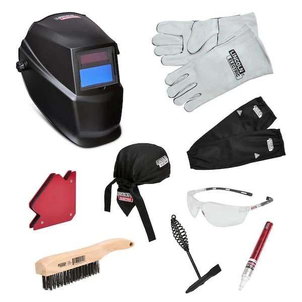 Lincoln Electric Matte Black Welding Kit with Auto Darkening 9-13 Helmet, Gloves, Brush, Magnets, Doo Rag, Sleeves, Safety Glasses
