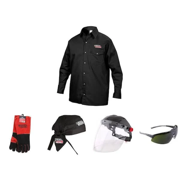 Lincoln Electric Premium Leather Gloves, Face Shield, Fire Resistant Shirt, 4 in. IR5 Glasses and 6 in. Doo Rag Welding Combo (5-Piece)