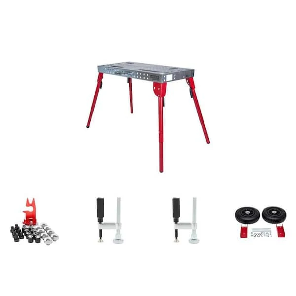 Lincoln Electric 44 in. x 21 in. Adjustable Welding Table and Workbench with Fixturing, Clamp, and Wheel Kit Accessories (4-Piece Set)