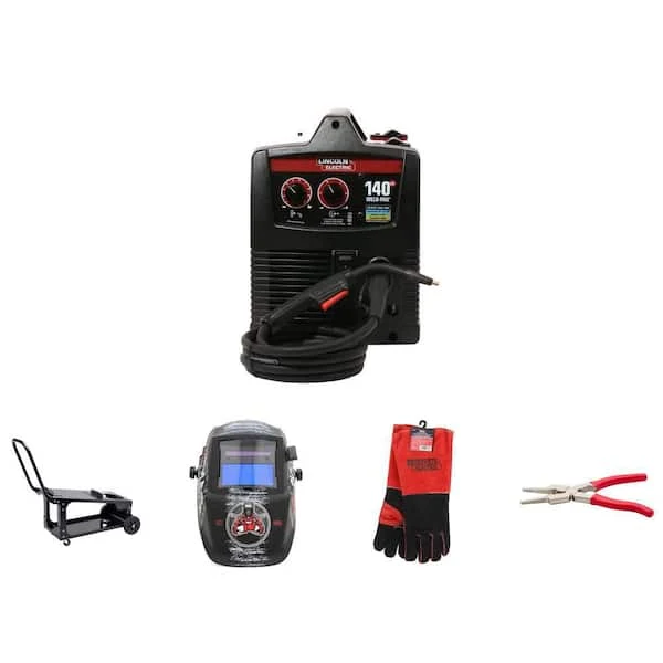 Lincoln Electric Weld-Pak 140 Amp MIG Flux-Core Welder, Auto-Darkening Helmet, Leather Gloves, Pliers and 80 lbs. Welder Cart (5-Piece)