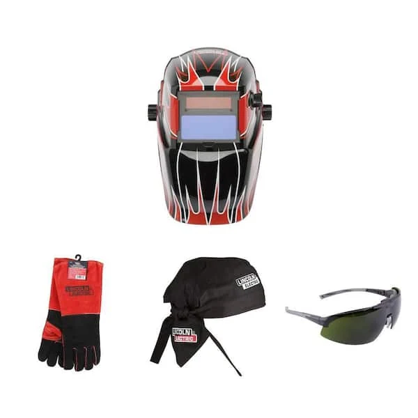 Lincoln Electric Premium Leather Welding Gloves, IR5 Flip Lens Glasses, 6 in. Doo Rag and Auto-Darkening Helmet Combo (4-Piece Set)